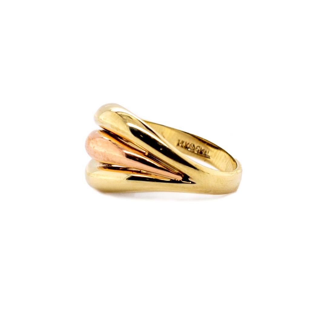 Gender: Ladies

Metal Type: 14K Yellow Gold

Size: 6.25

Shank Width: 12.40mm tapering to 3.50mm

Weight: 5.40 grams

14K yellow gold three-row, solitaire band with a half-round shank. Engraved with 