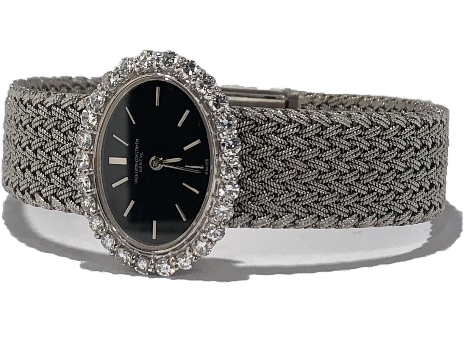 Modern Ladies Vacheron Constantin White Gold Diamond Bezel Oval Black Dial Watch