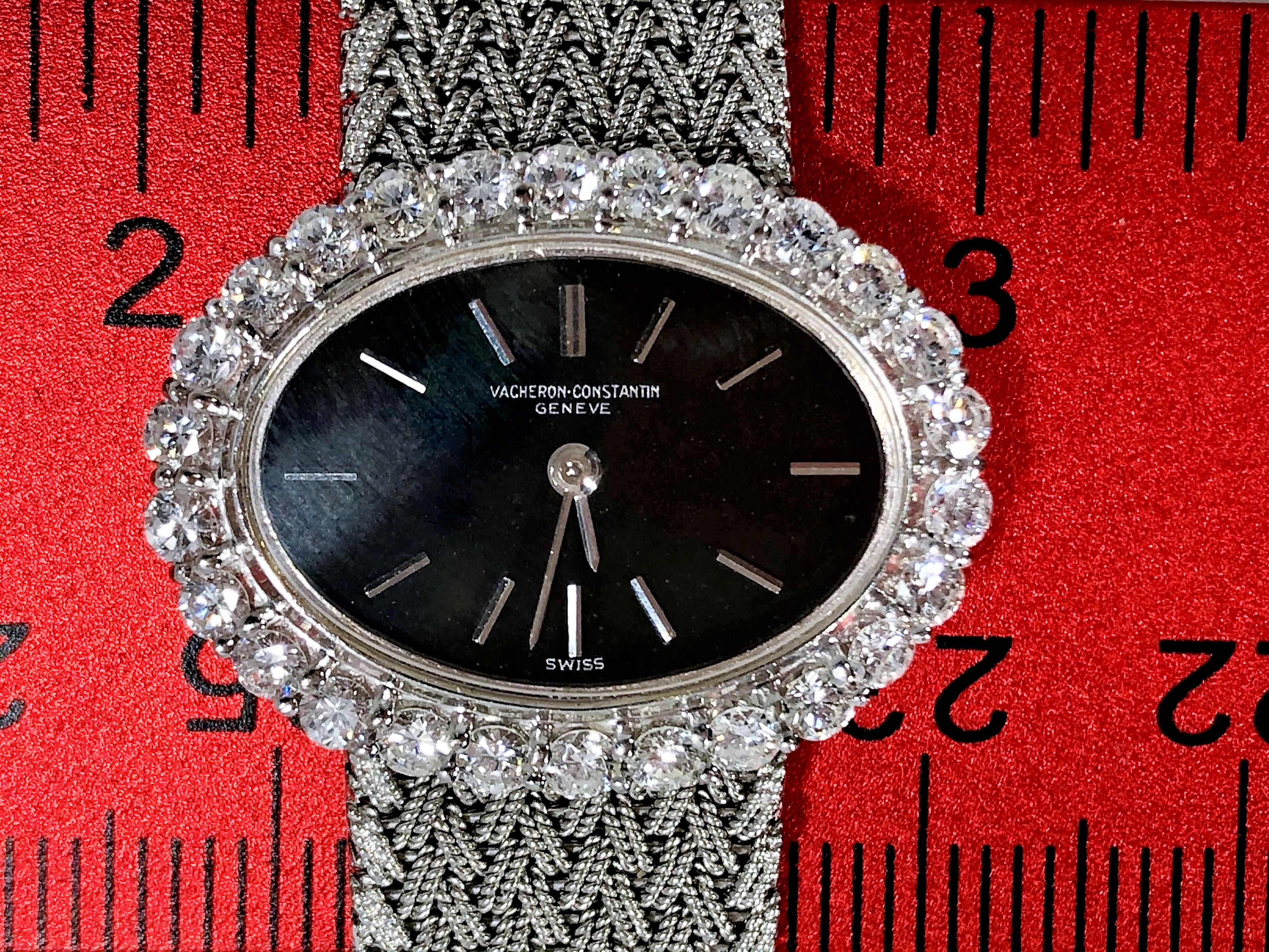 Ladies Vacheron Constantin White Gold Diamond Bezel Oval Black Dial Watch In Good Condition In Palm Beach, FL