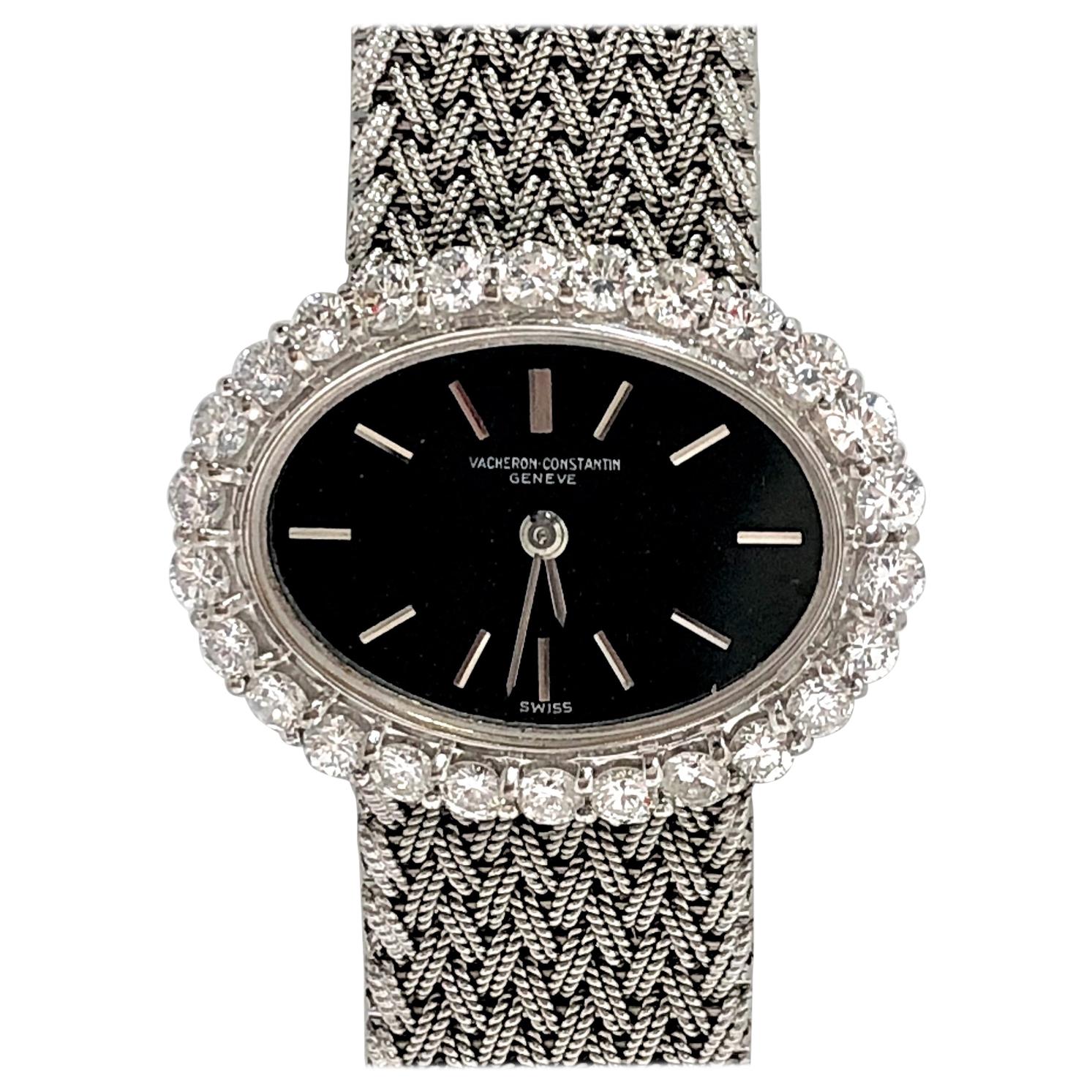 Ladies Vacheron Constantin White Gold Diamond Bezel Oval Black Dial Watch
