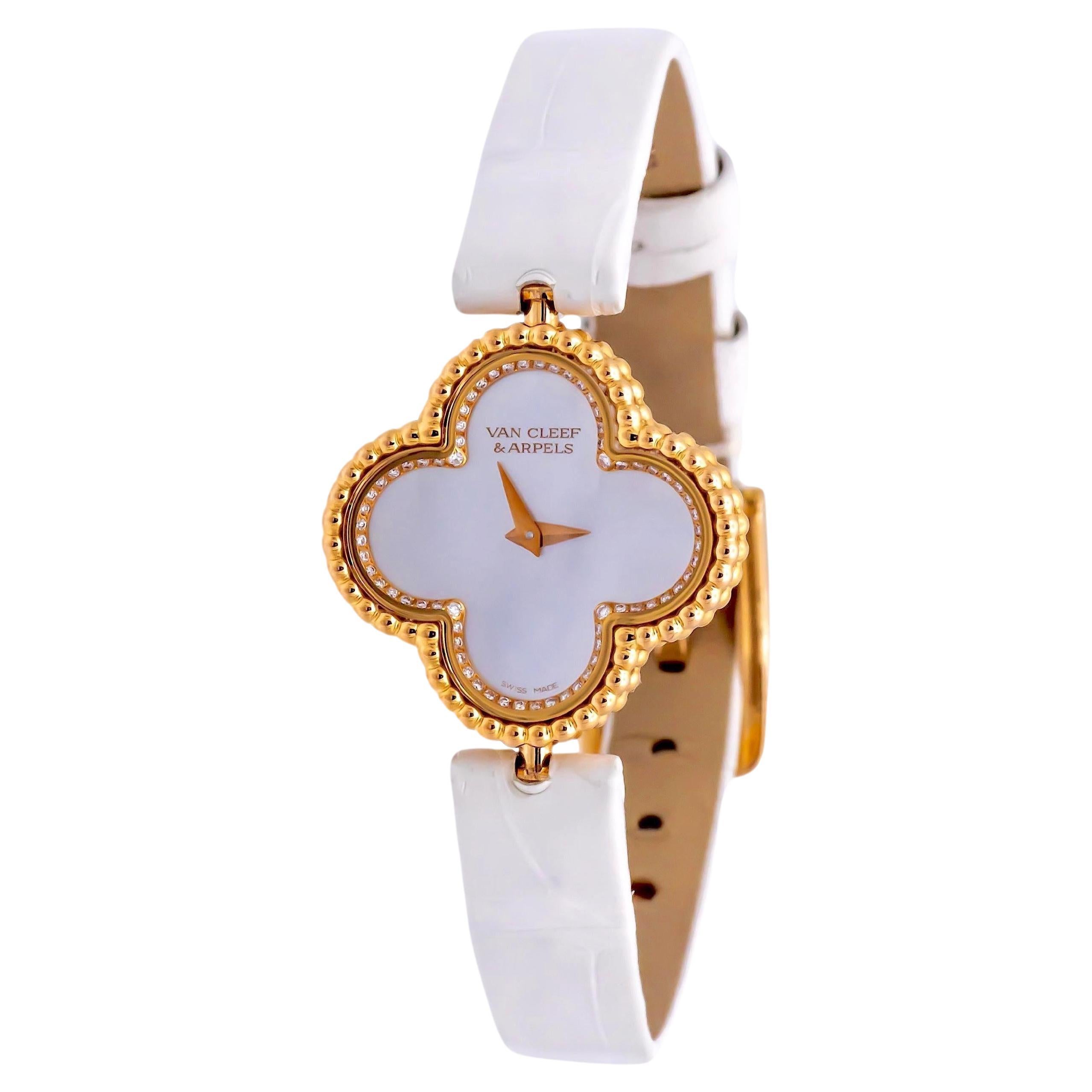 Ladie's Van Cleef & Arpels 18K Rose Gold Sweet Alhambra Diamond Watch 23mm For Sale