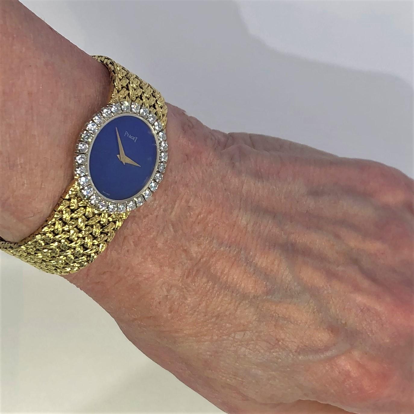 Ladies Vertical Oval Lapis Dial Diamond Bezel Yellow Gold Piaget Watch 8