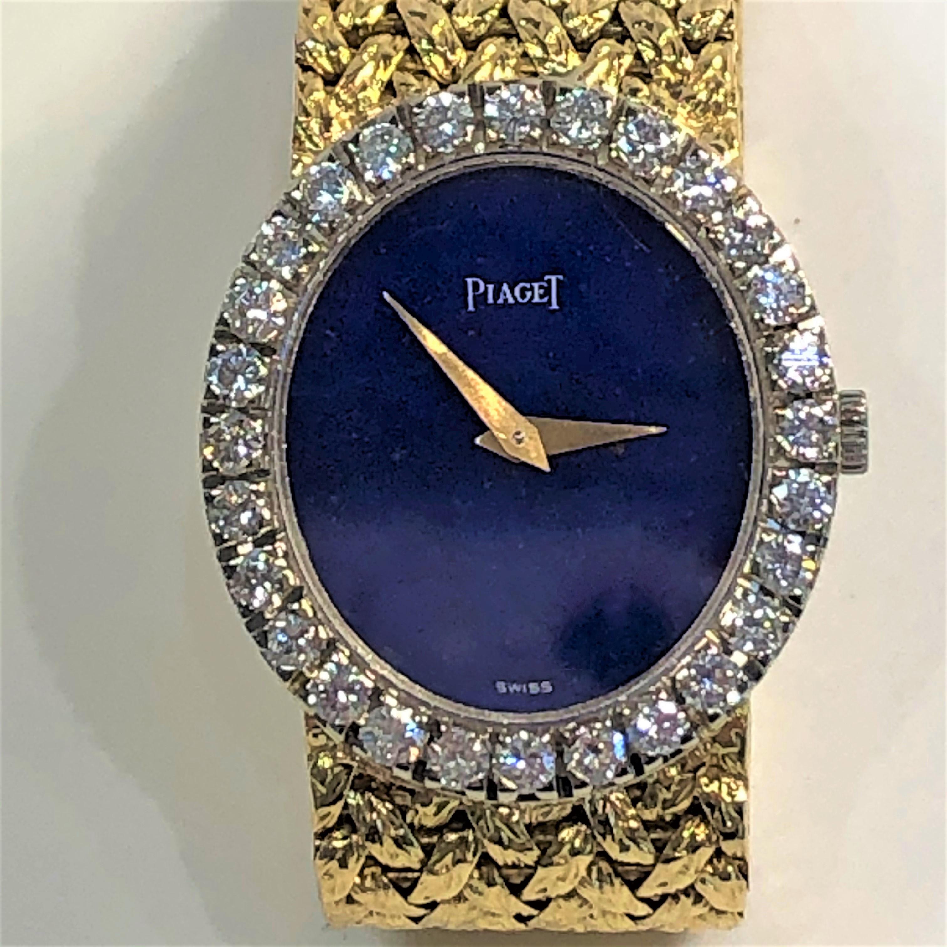 Ladies Vertical Oval Lapis Dial Diamond Bezel Yellow Gold Piaget Watch In Good Condition In Palm Beach, FL