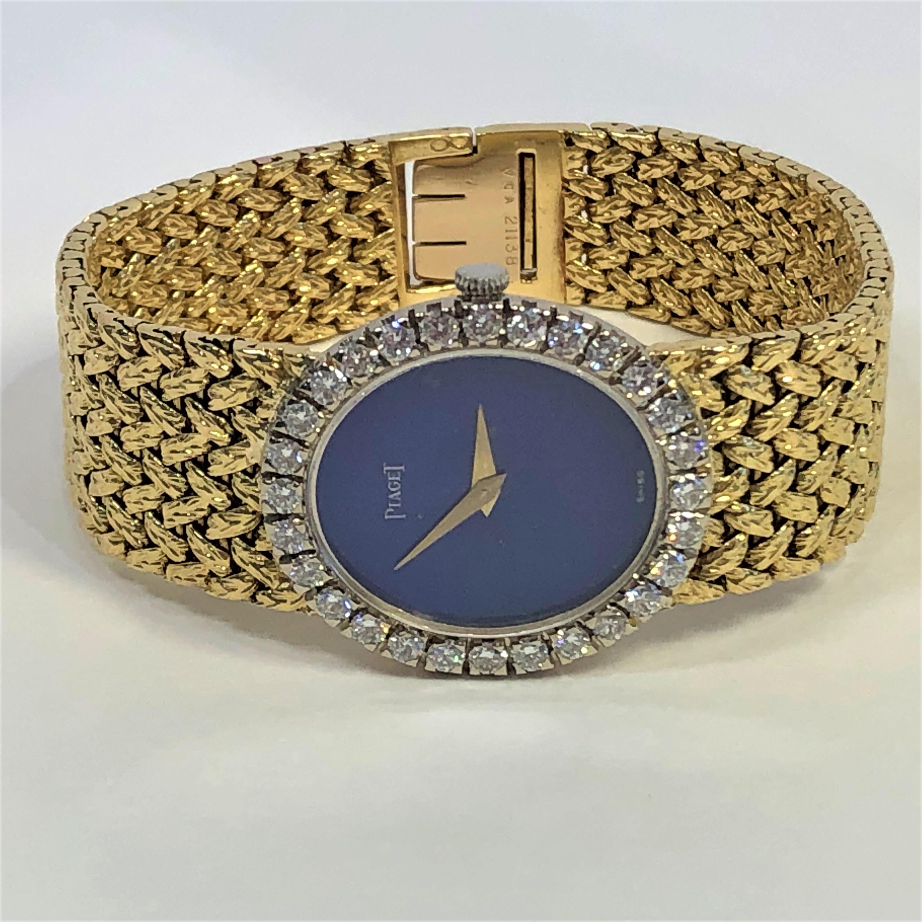 Ladies Vertical Oval Lapis Dial Diamond Bezel Yellow Gold Piaget Watch 5