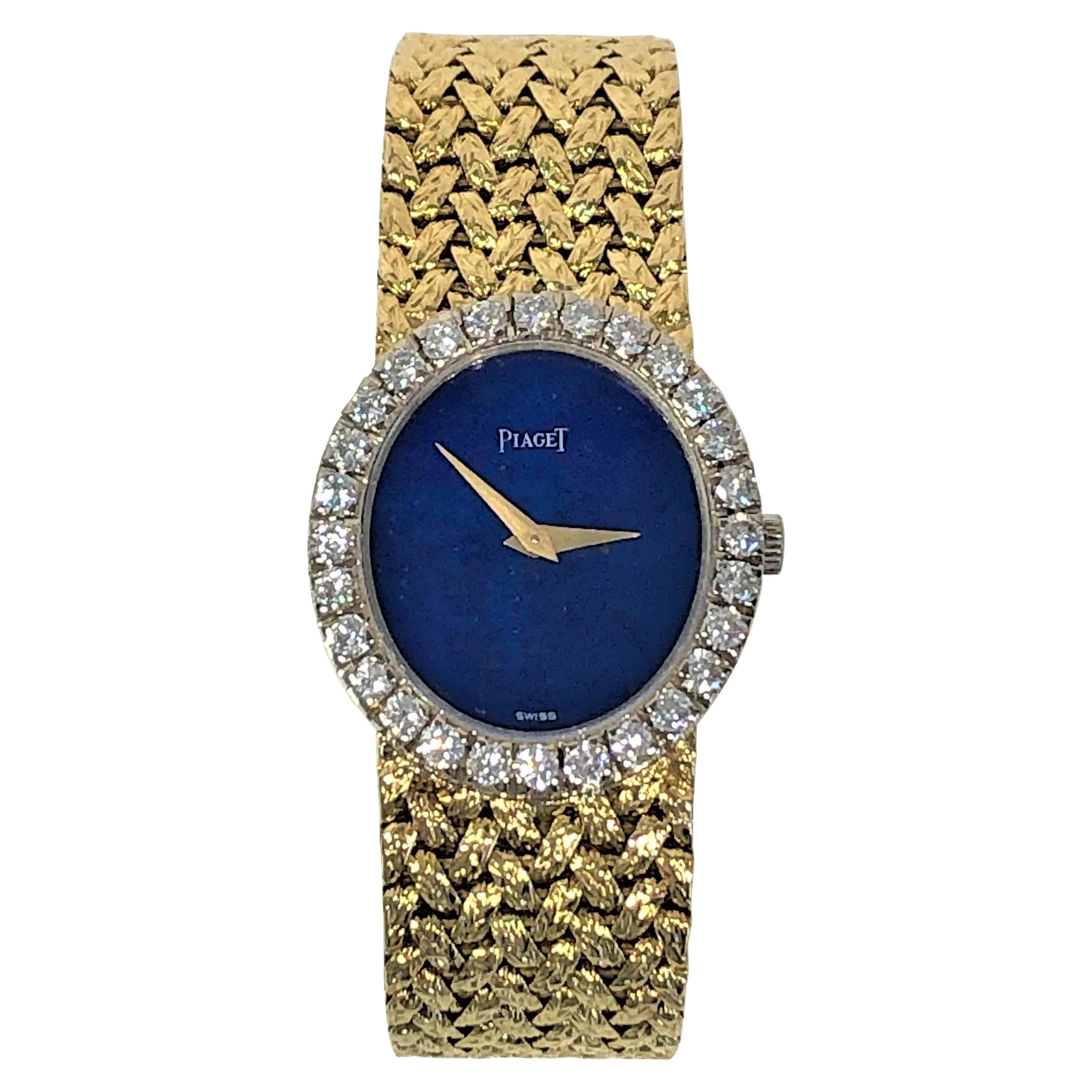 Ladies Vertical Oval Lapis Dial Diamond Bezel Yellow Gold Piaget Watch