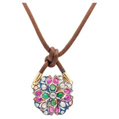 Ladies Victorian 18K Yellow Gold Diamonds Rubies & Emeralds Pendant Necklace