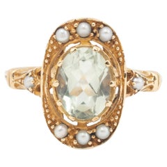 Ladies Vintage 10K Yellow Gold Oval Morganite Pearls Cocktail Ring