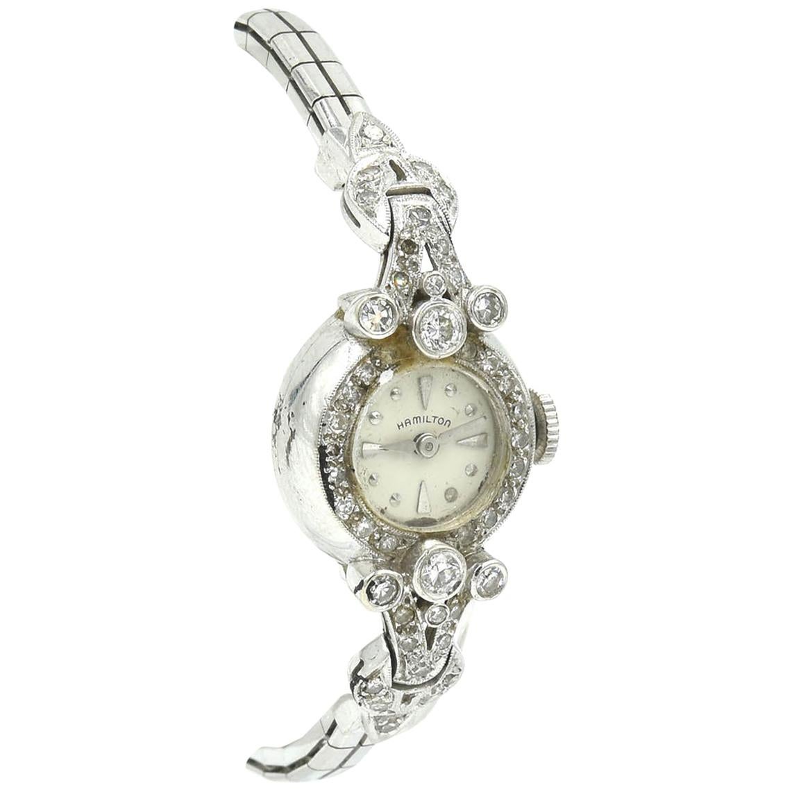 Ladies Vintage 14 Karat White Gold 1.00 Carat Diamond Hamilton Fashion Watch