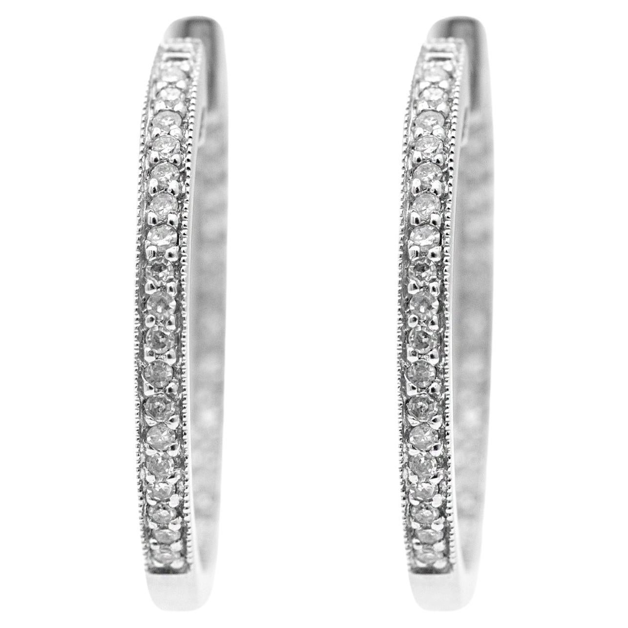 Ladies Vintage 14K White Gold Diamond Hoop Earrings en vente