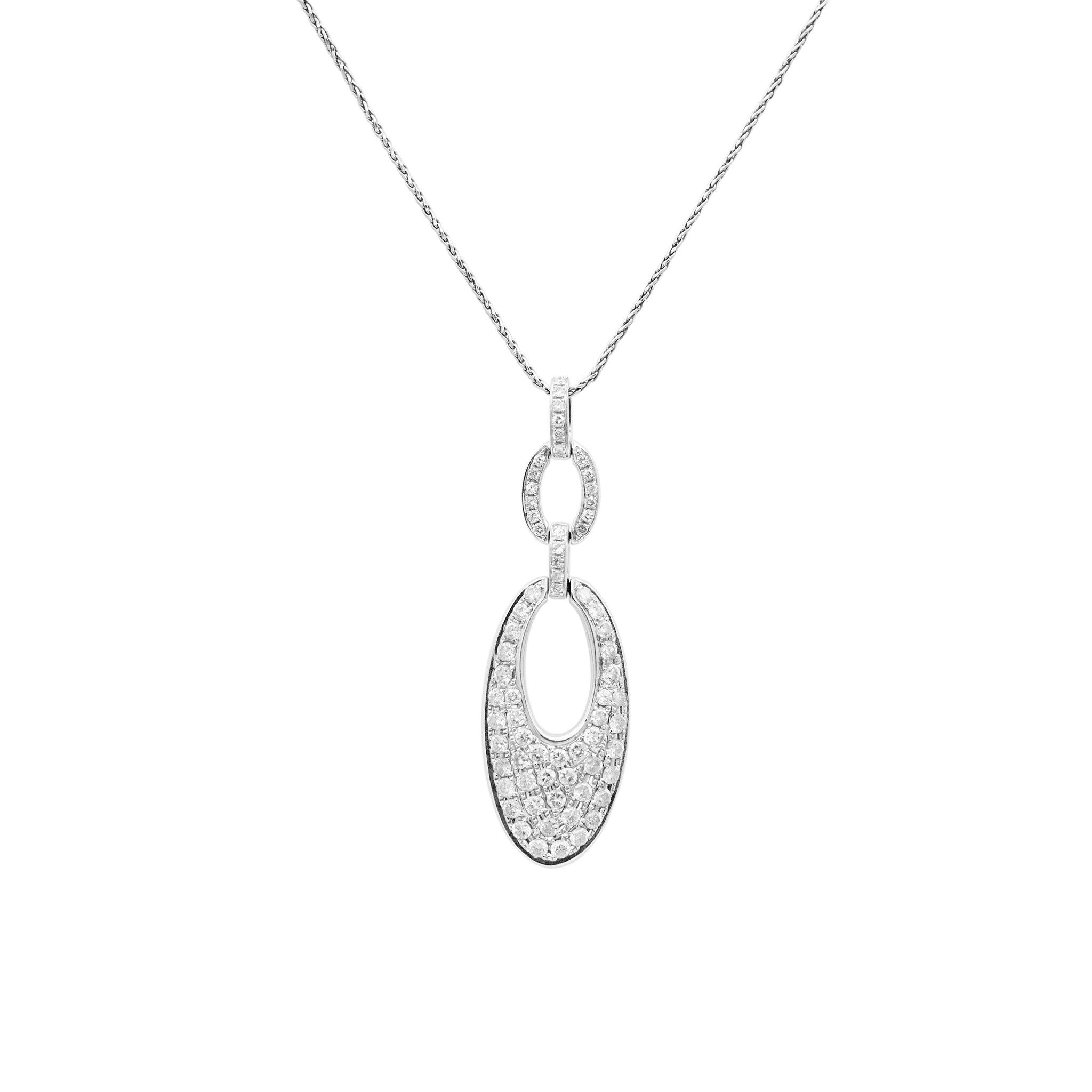 Gender: Ladies

Material: 14K White Gold

Chain Length: 18.00 inches

Pendant Length: 50.00mm

Pendant Width: 15.20mm

Weight: 6.90 grams

Ladies 14K white gold single strand collar diamond necklace.
Engraved with 