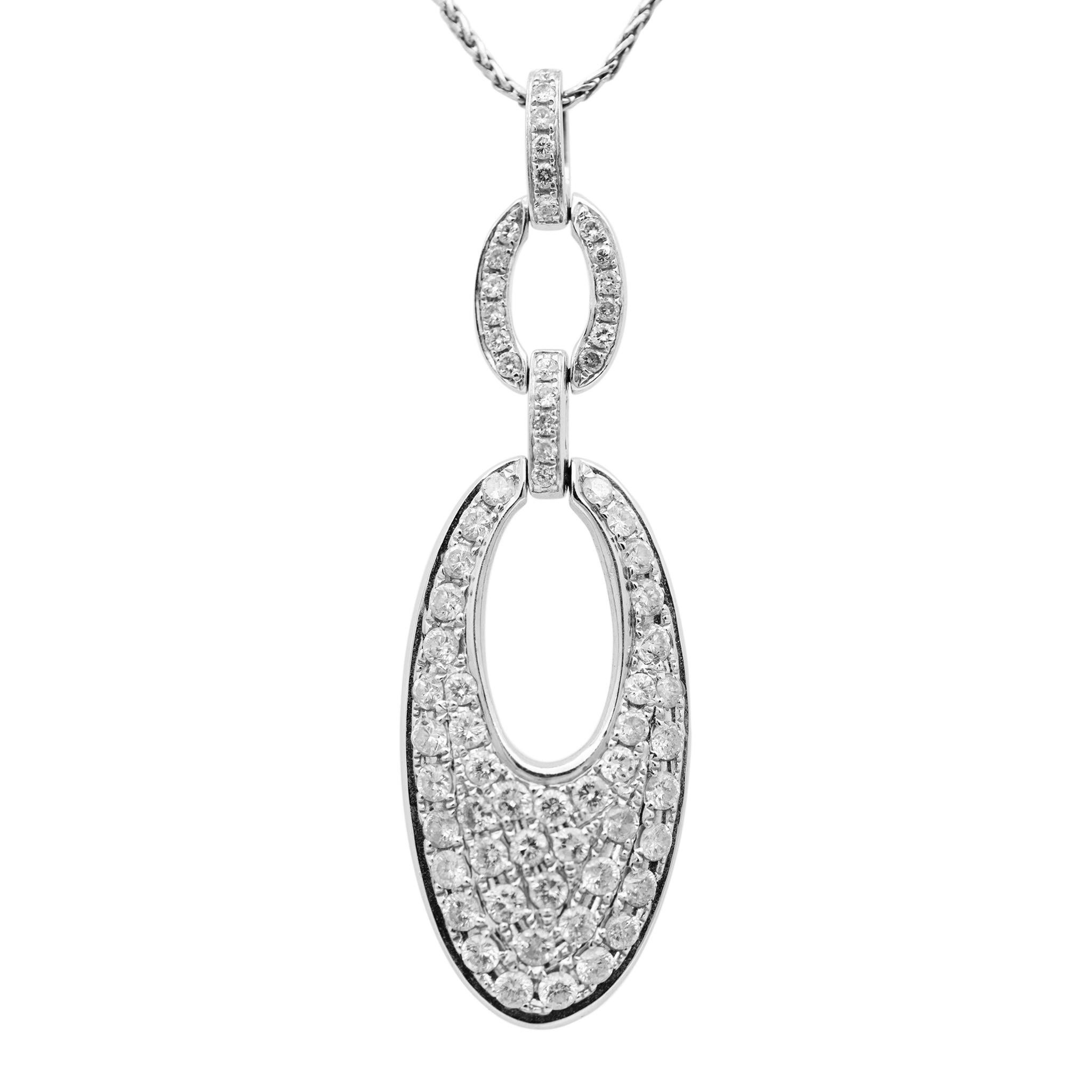 Round Cut Ladies Vintage 14K White Gold Diamond Open Oval Pendant Necklace For Sale