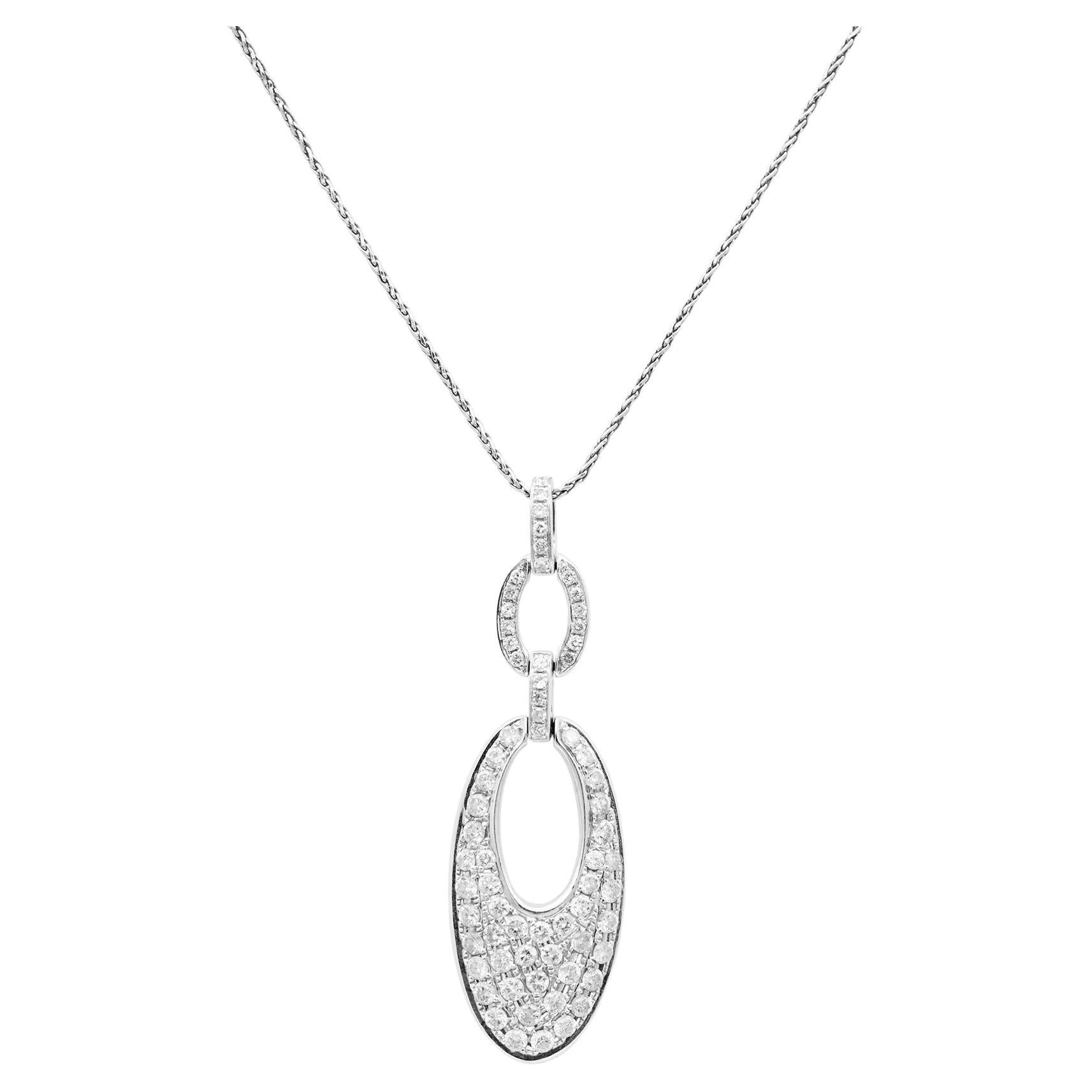 Ladies Vintage 14K White Gold Diamond Open Oval Pendant Necklace For Sale