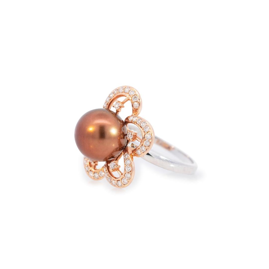 Round Cut Ladies 14K White & Rose Gold Two Tone Pearl Diamond Cocktail Ring For Sale