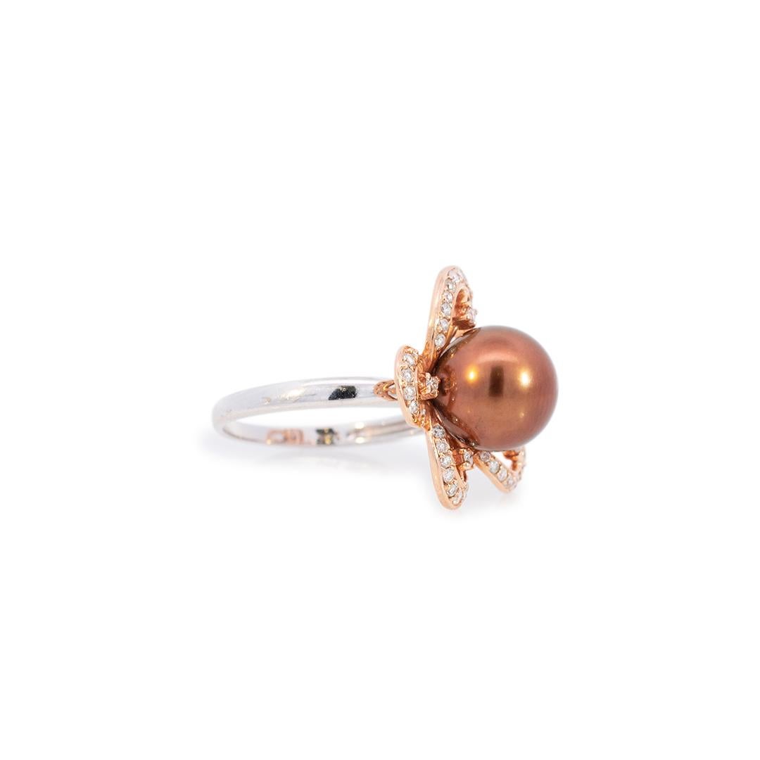 Women's Ladies 14K White & Rose Gold Two Tone Pearl Diamond Cocktail Ring For Sale