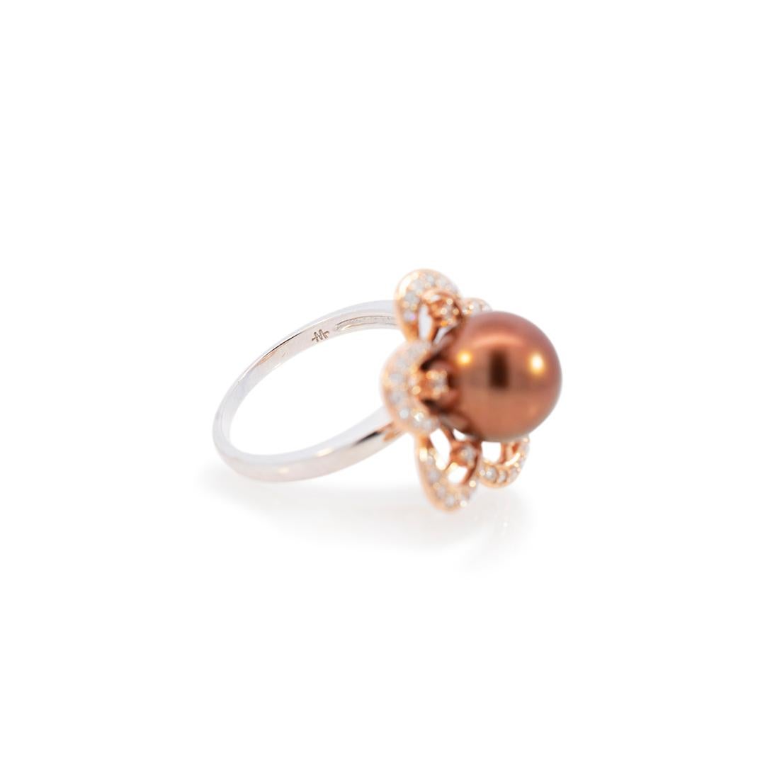 Ladies 14K White & Rose Gold Two Tone Pearl Diamond Cocktail Ring For Sale 1