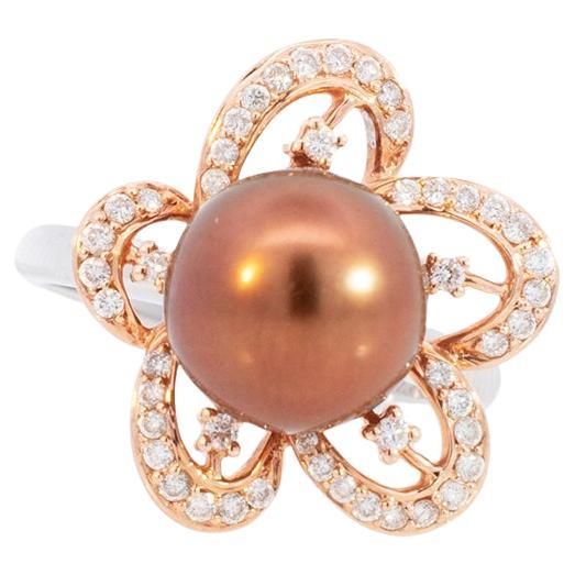Ladies 14K White & Rose Gold Two Tone Pearl Diamond Cocktail Ring For Sale