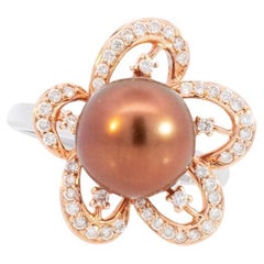 Ladies 14K White & Rose Gold Two Tone Pearl Diamond Cocktail Ring