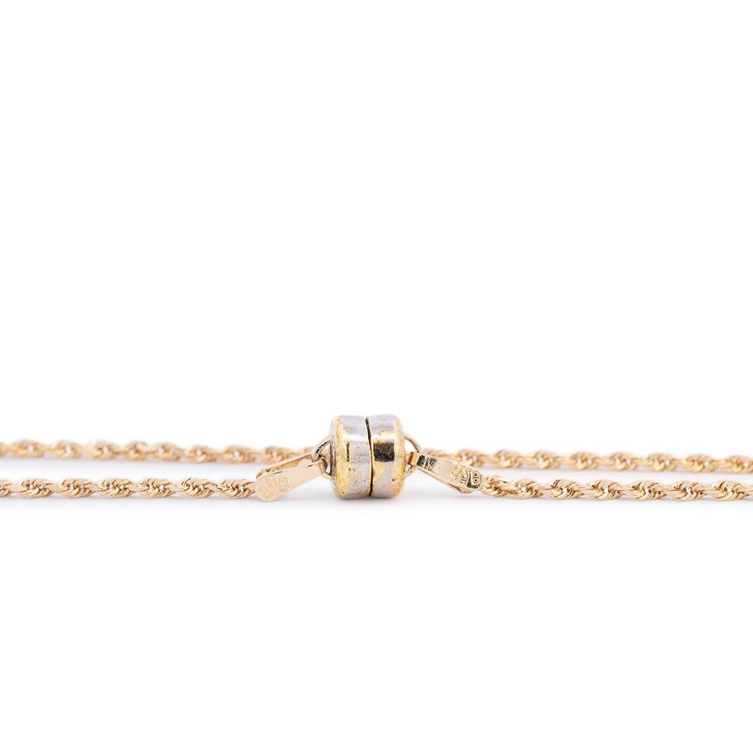 Lady's custom made textured & polished 14K yellow gold rope link chain with Magnet lock system. The chain is 1.60mm thick and measures approximately 16.00 inches in length and weighs a total of 4.02 grams. Engraved with 