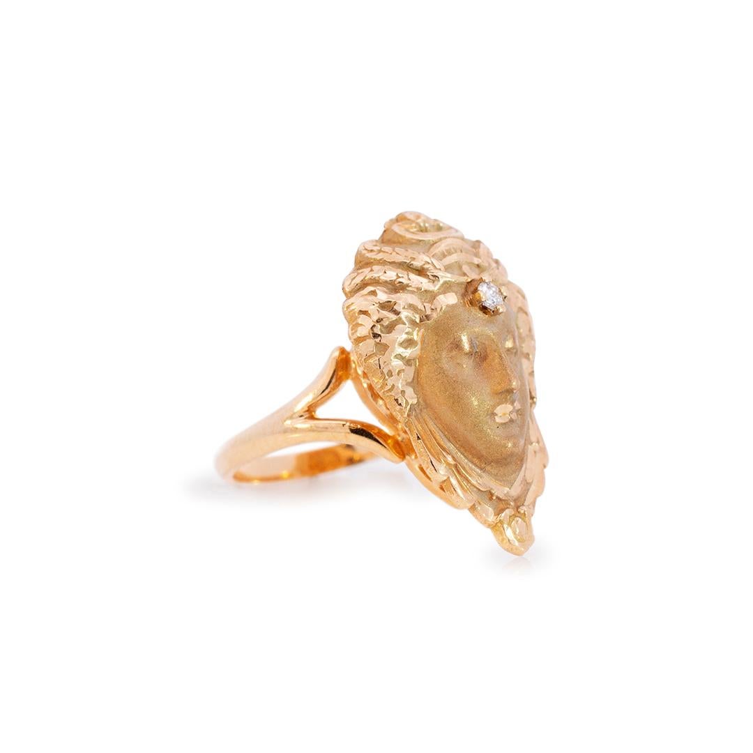 Round Cut Ladies Vintage 14k Yellow Gold Queen of Sheba Diamond Cocktail Ring