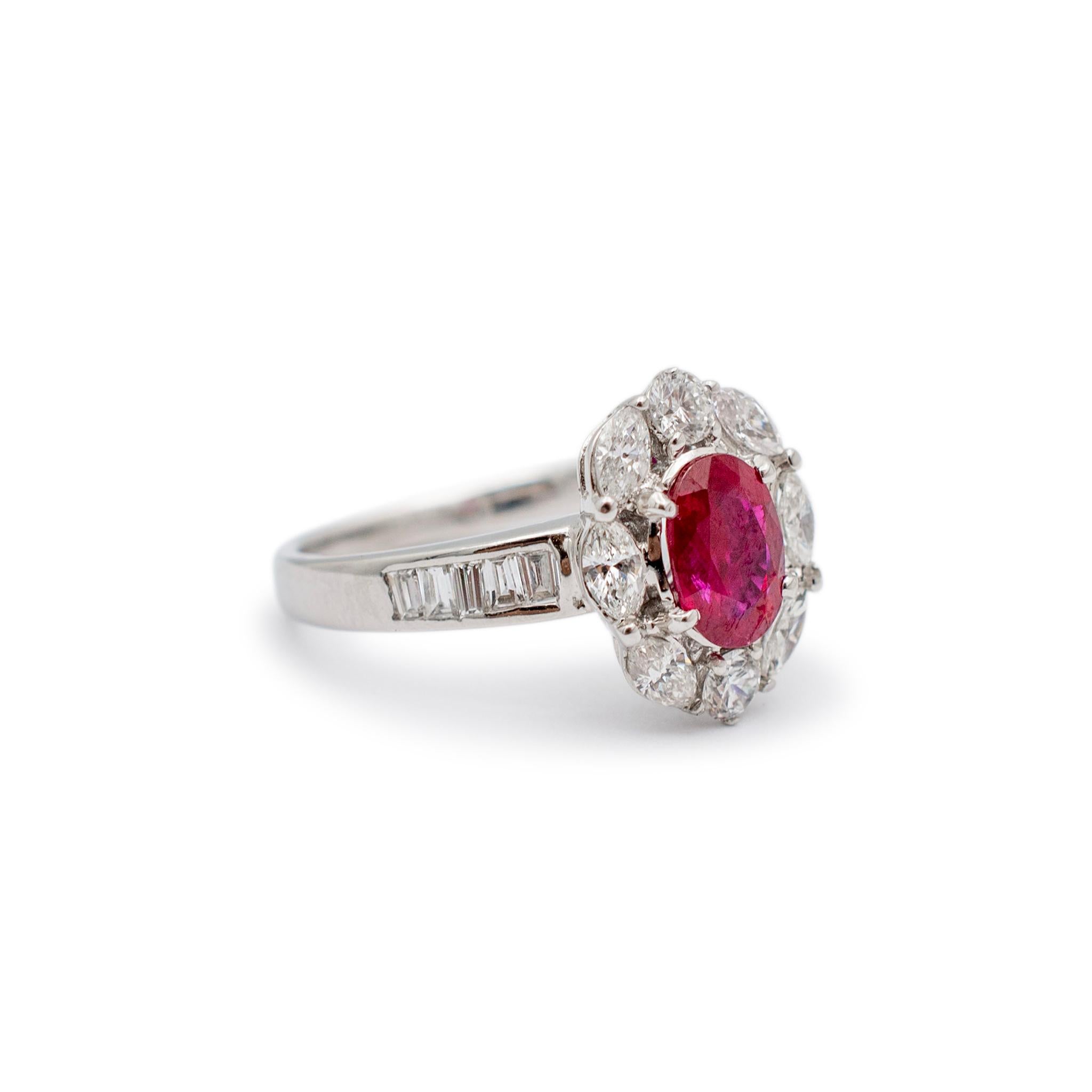 Oval Cut Ladies Vintage 18K White Gold 1.04ct. Gia Oval Ruby Halo Diamond Cocktail Ring For Sale