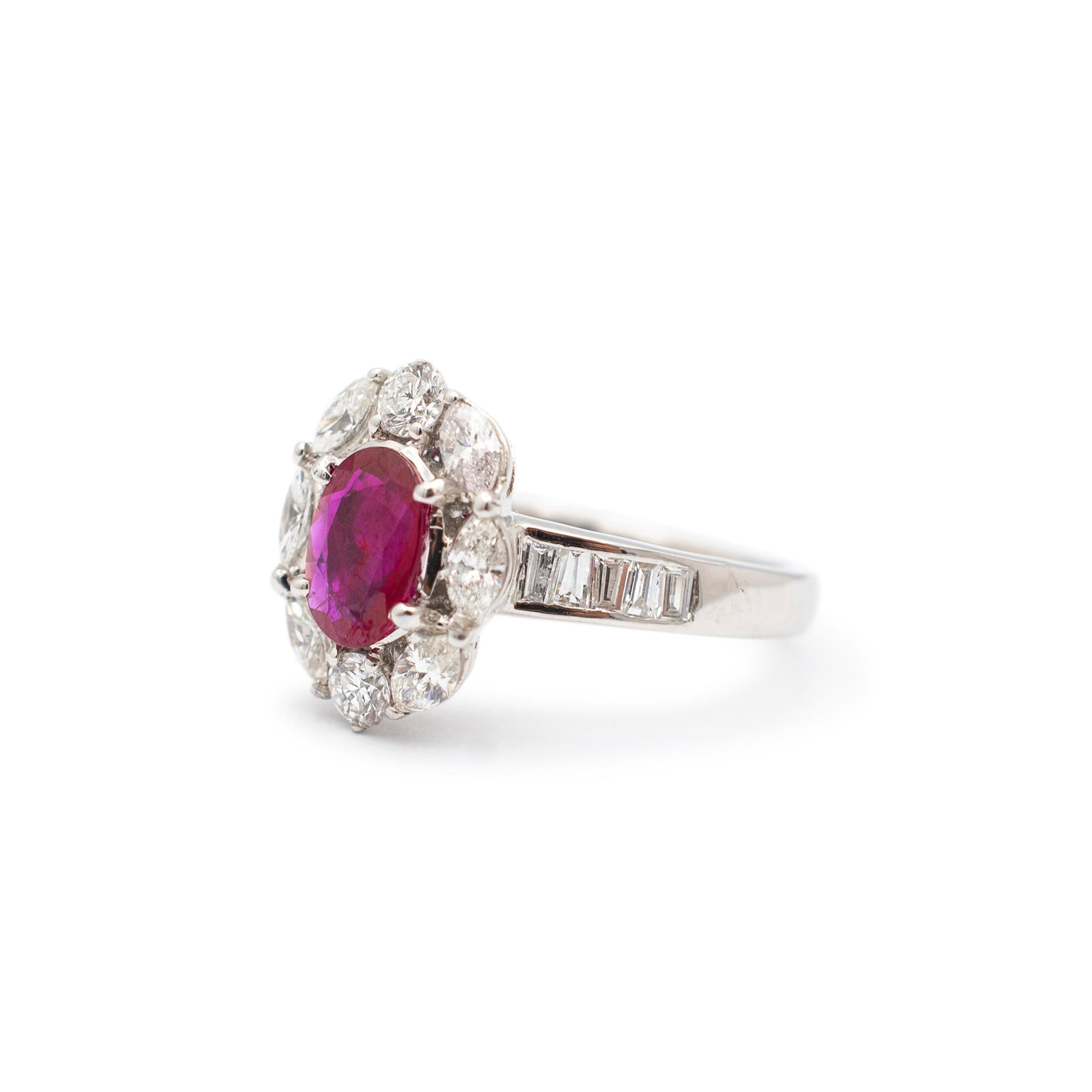 Ladies Vintage 18K White Gold 1.04ct. Gia Oval Ruby Halo Diamond Cocktail Ring In Excellent Condition For Sale In Houston, TX