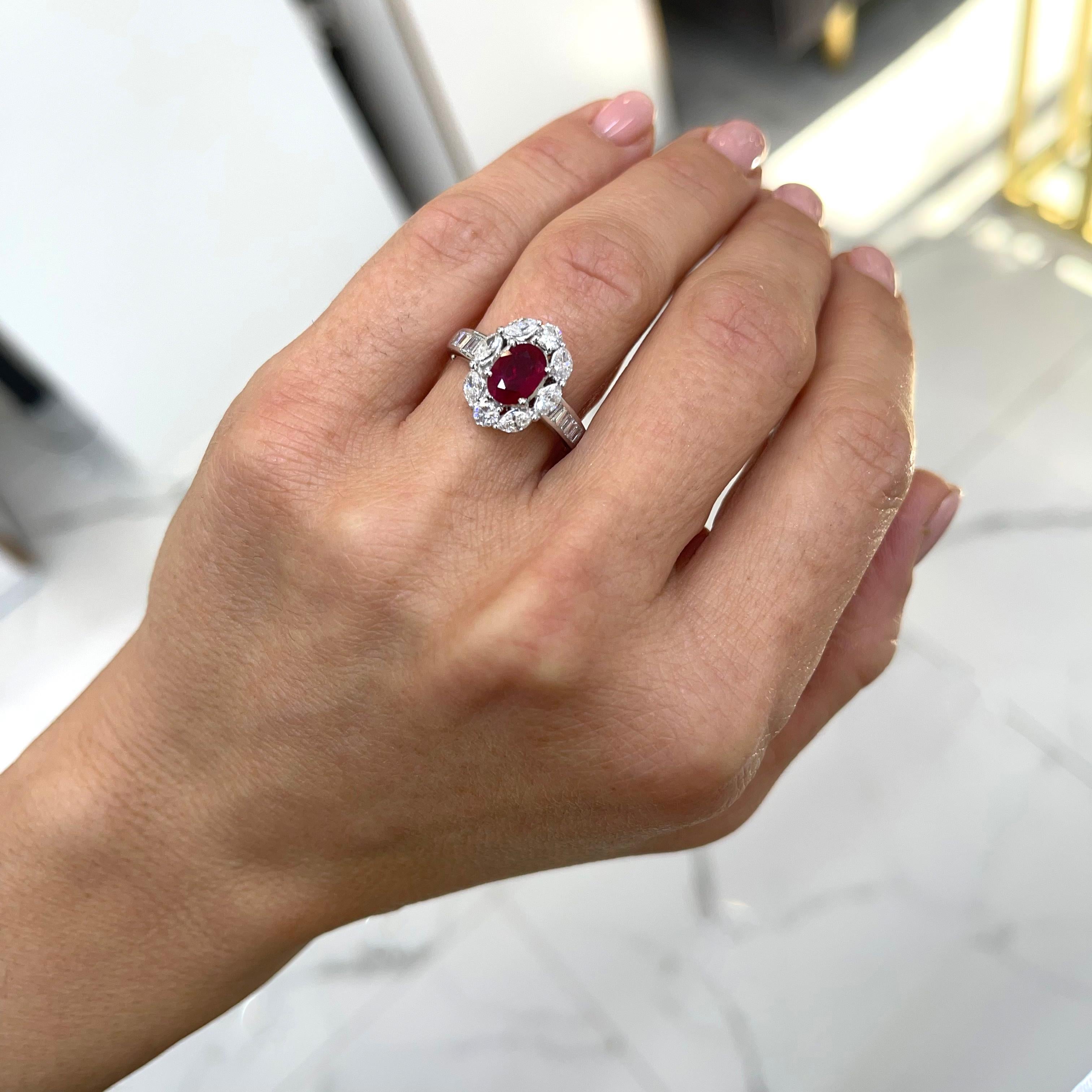 Ladies Vintage 18K White Gold 1.04ct. Gia Oval Ruby Halo Diamond Cocktail Ring For Sale 3