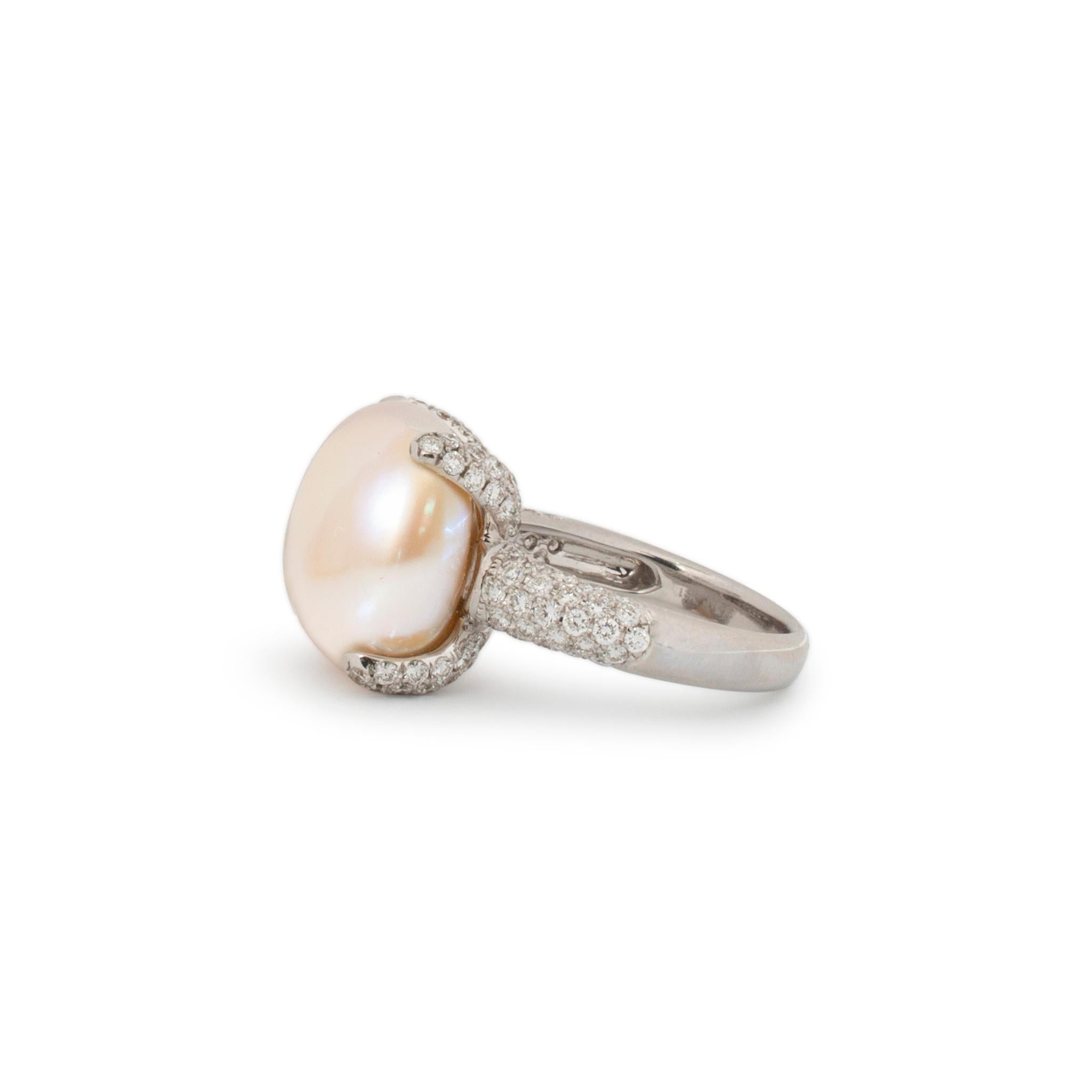 Cabochon Ladies Vintage 18k White Gold Pearl & Diamonds Cocktail Ring For Sale