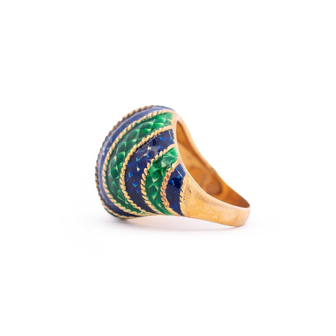 Ladies Vintage 18k Yellow Gold Blue & Green Enamel Ring In Good Condition For Sale In Houston, TX