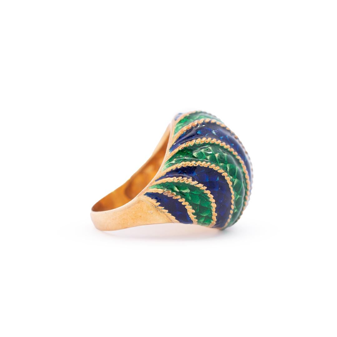 Women's Ladies Vintage 18k Yellow Gold Blue & Green Enamel Ring For Sale