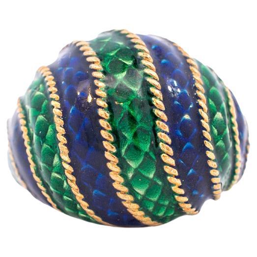 Anillo vintage de oro amarillo de 18 quilates con esmalte azul y verde para señora