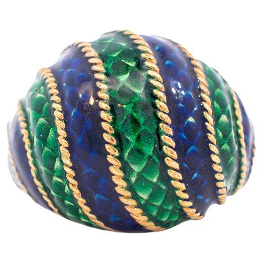 Bague vintage pour femme en or jaune 18 carats et émail bleu et vert en vente