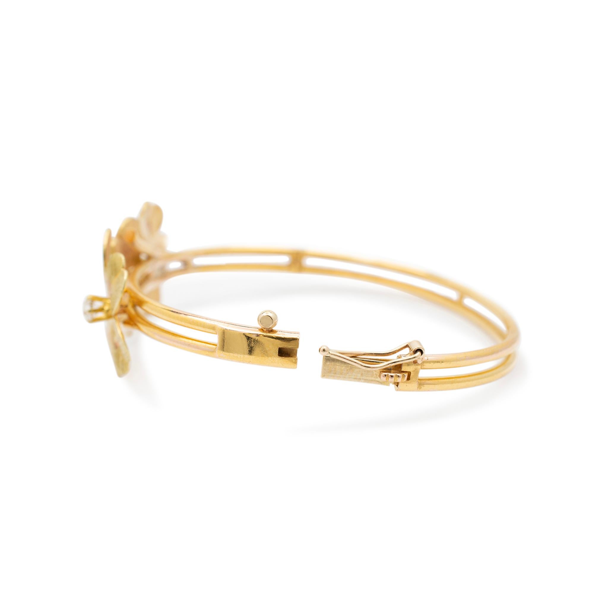 Taille vieille Europe Bracelet jonc vintage à fleurs en or jaune 18 carats et diamants, pour femmes en vente