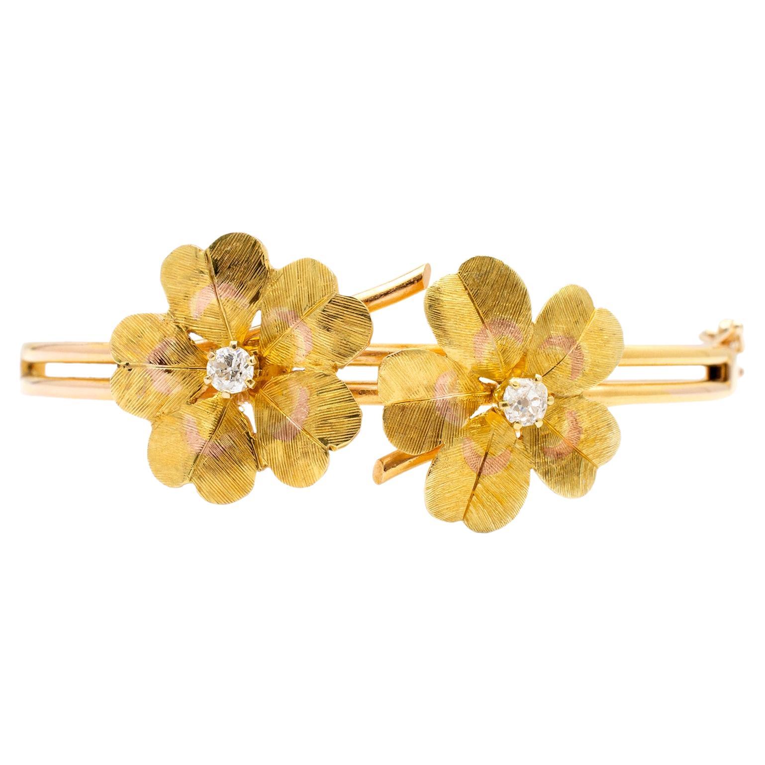 Ladies Vintage 18K Yellow Gold Diamond Flower Bangle Bracelet For Sale