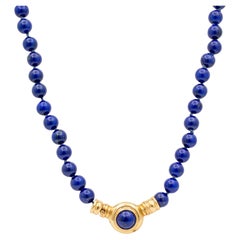 Ladies Vintage 18K Yellow Gold Lapis Lazuli Bead Pendant Necklace