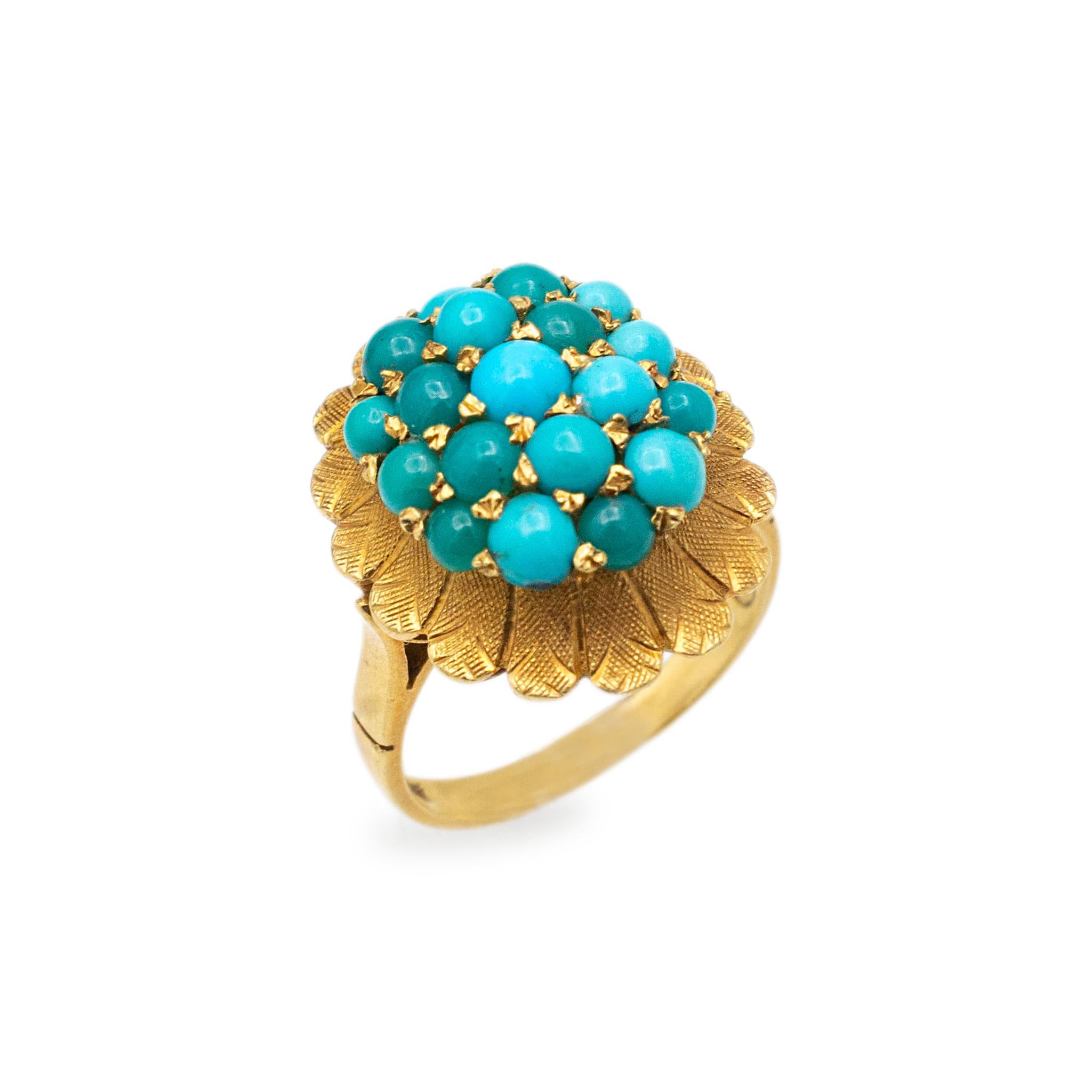 Gender: Ladies

Metal Type: 18K Yellow Gold

Size: 6

Head measurements: 20.00mm x 16.90mm

Weight: 6.86 grams

Ladies 18K yellow gold turquoise vintage cocktail ring with a half round shank. Engraved with 