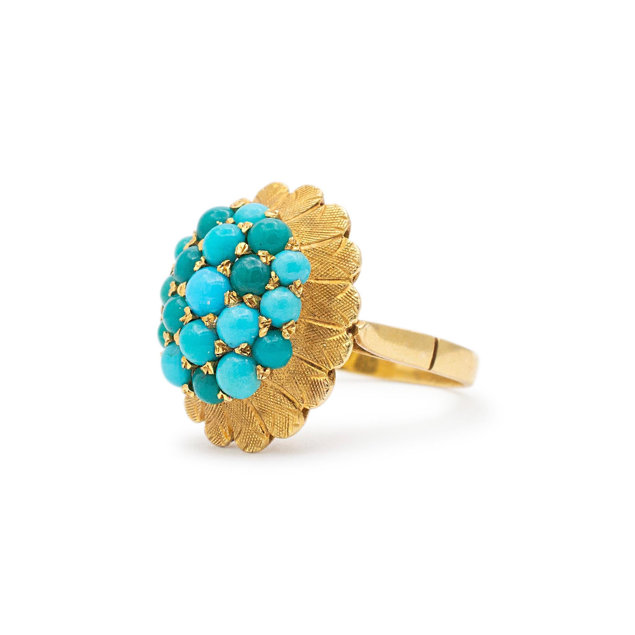 Oval Cut Ladies Vintage 18K Yellow Gold Multi Color Turquoise Oval Shaped Cocktail Ring For Sale