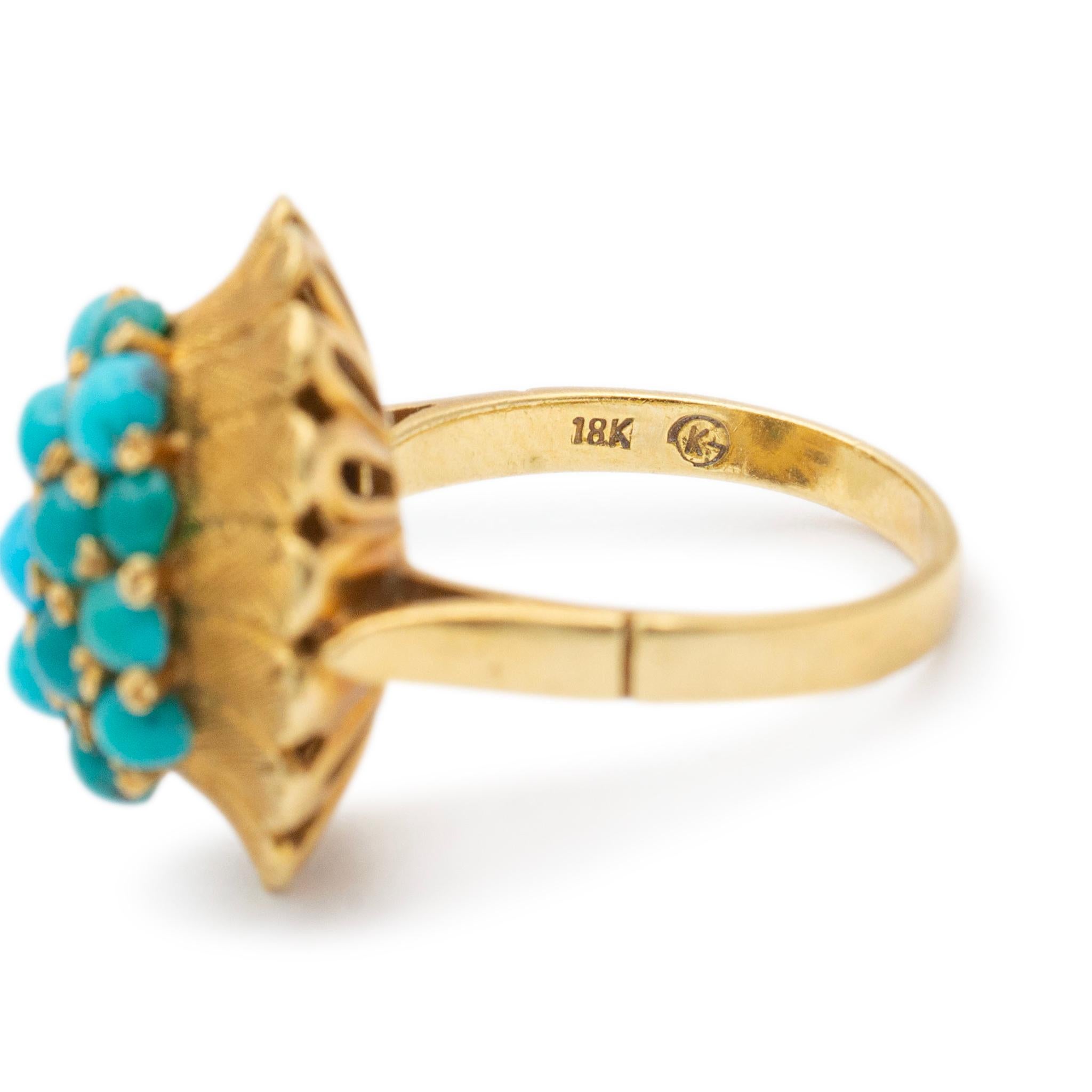 Ladies Vintage 18K Yellow Gold Multi Color Turquoise Oval Shaped Cocktail Ring For Sale 1