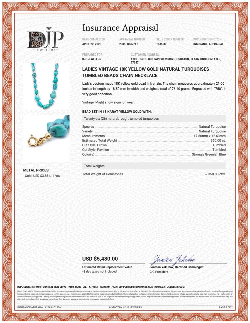 Ladies Vintage 18K Yellow Gold Natural Turquoises Tumbled Beads Chain Necklace For Sale 2