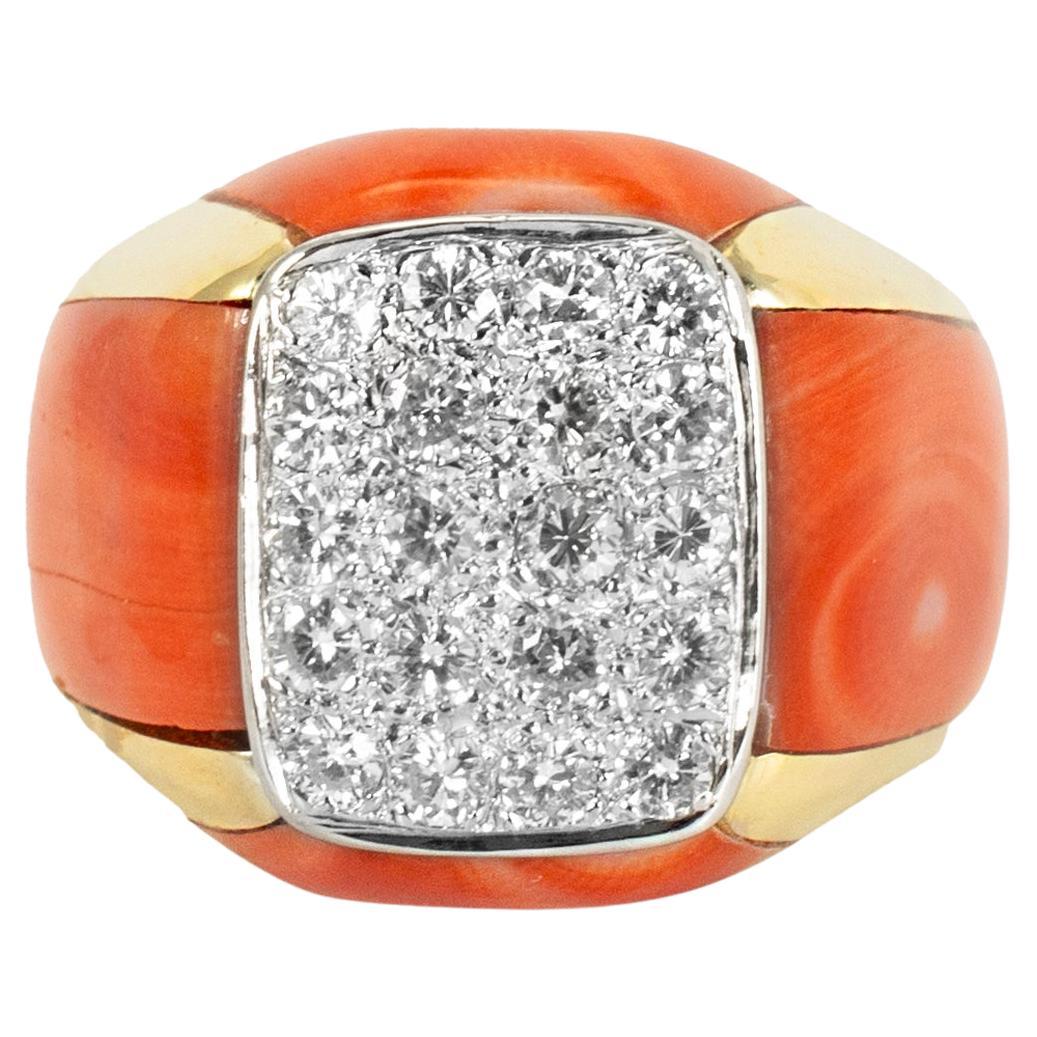 Ladies Vintage 18K Yellow Gold Salmon Coral Pave Diamond Cocktail Ring