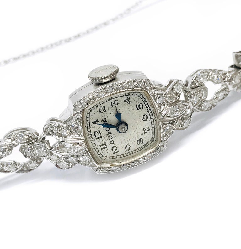 Ladies Vintage Bulova Platinum Diamond Watch, circa 1930s For Sale at