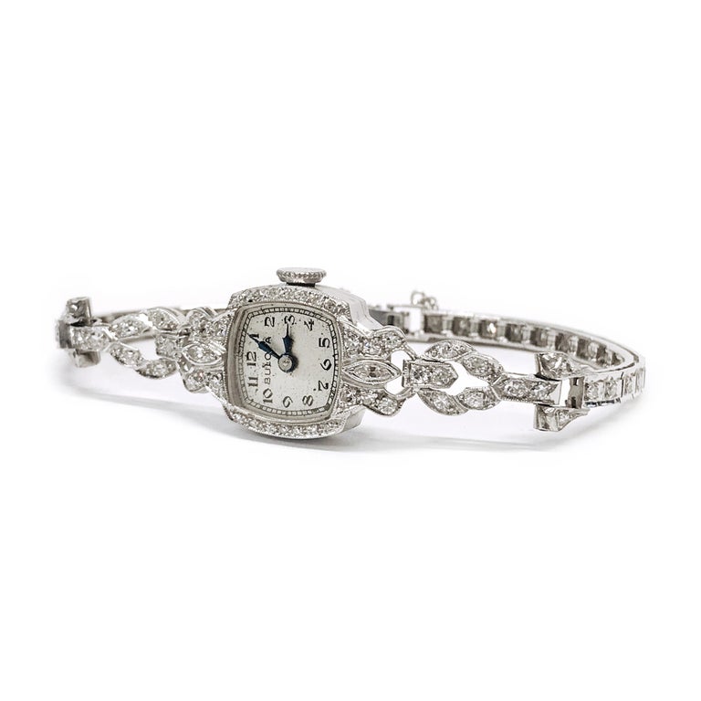 Ladies Vintage Bulova Platinum Diamond Watch, circa 1930s For Sale at