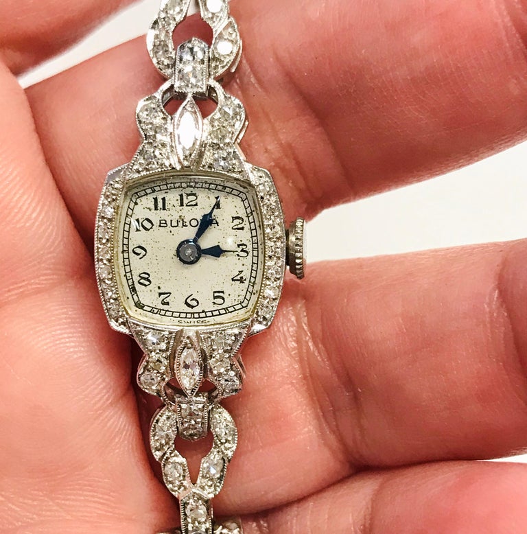Ladies Vintage Bulova Platinum Diamond Watch, circa 1930s For Sale at