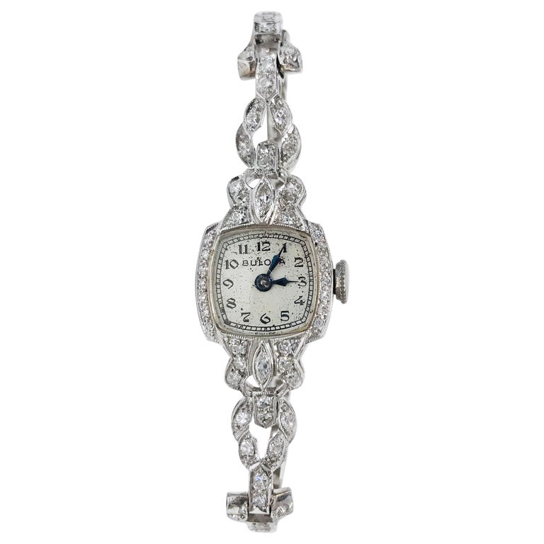 Ladies Vintage Bulova Platinum Diamond Watch, circa 1930s For Sale at