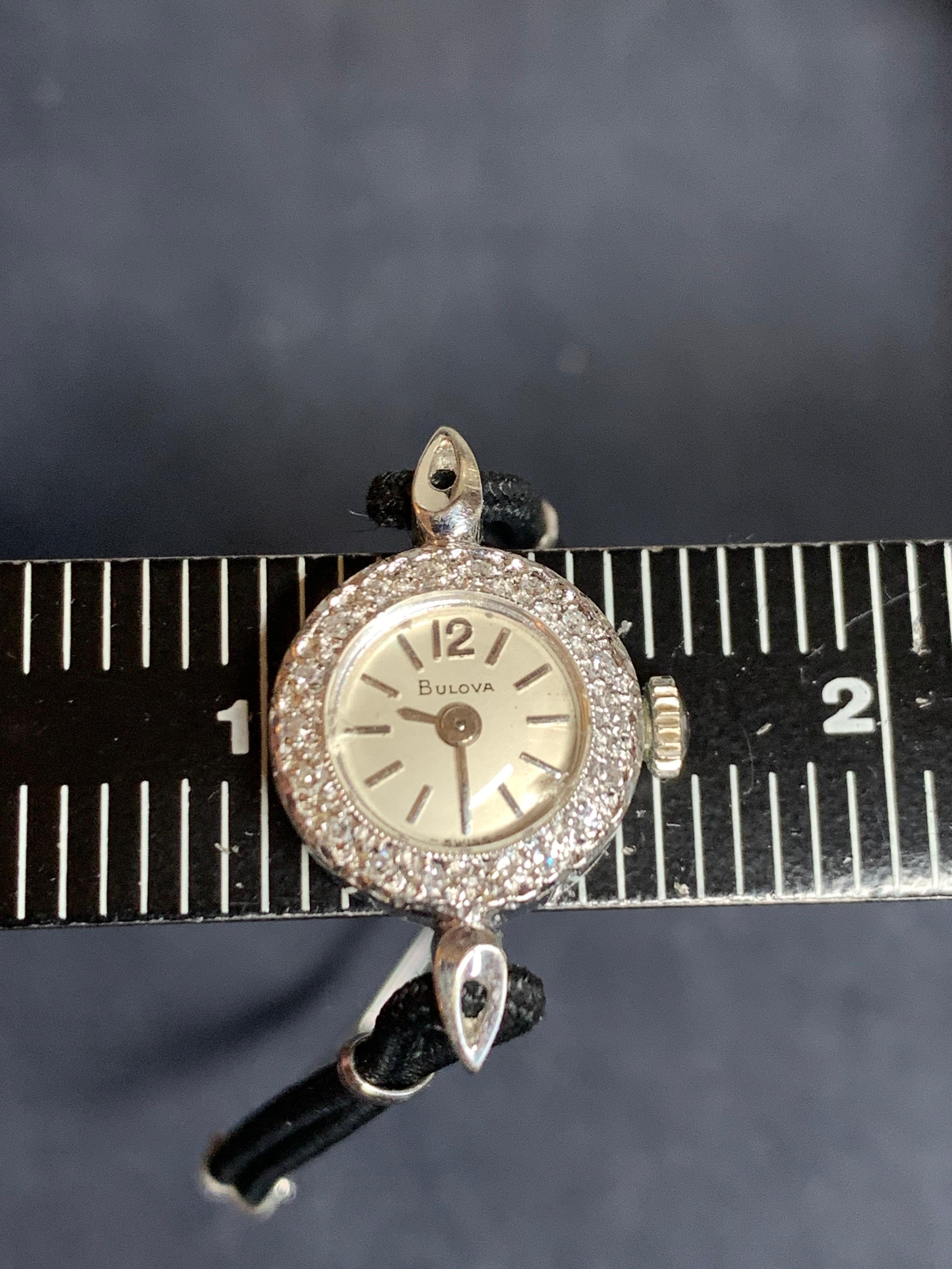 Women's Ladies Vintage Bulova White Gold .25 Carat Natural Diamond Manual Cocktail Watch For Sale