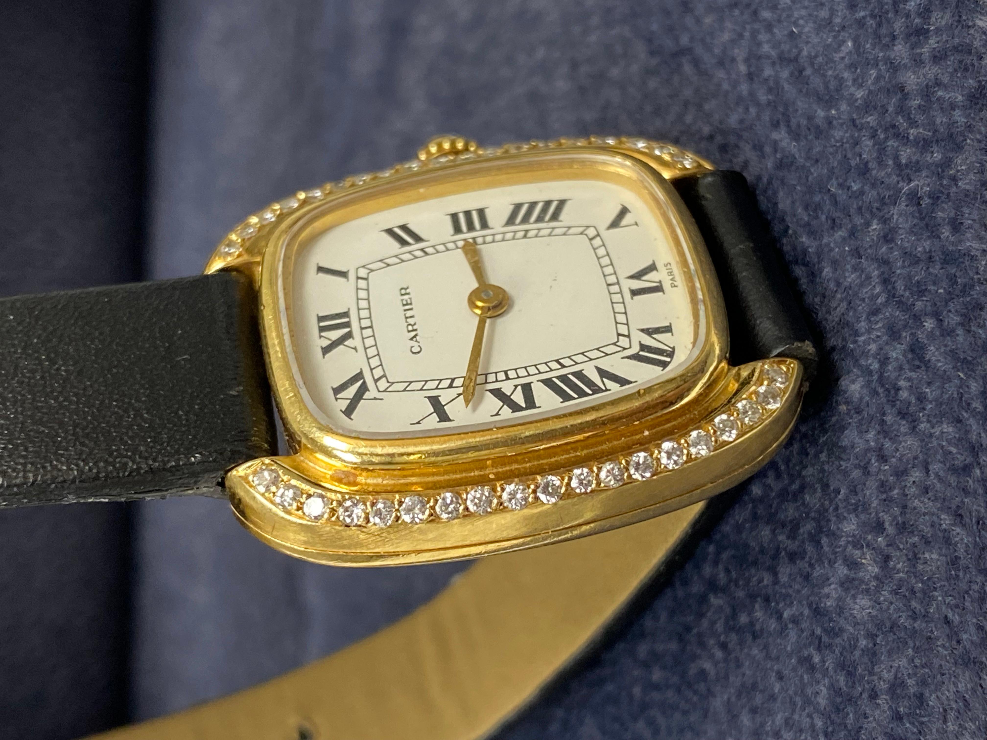 Round Cut Ladies Vintage Cartier Gondole Watch with Diamond Bezel in Leather Strap For Sale