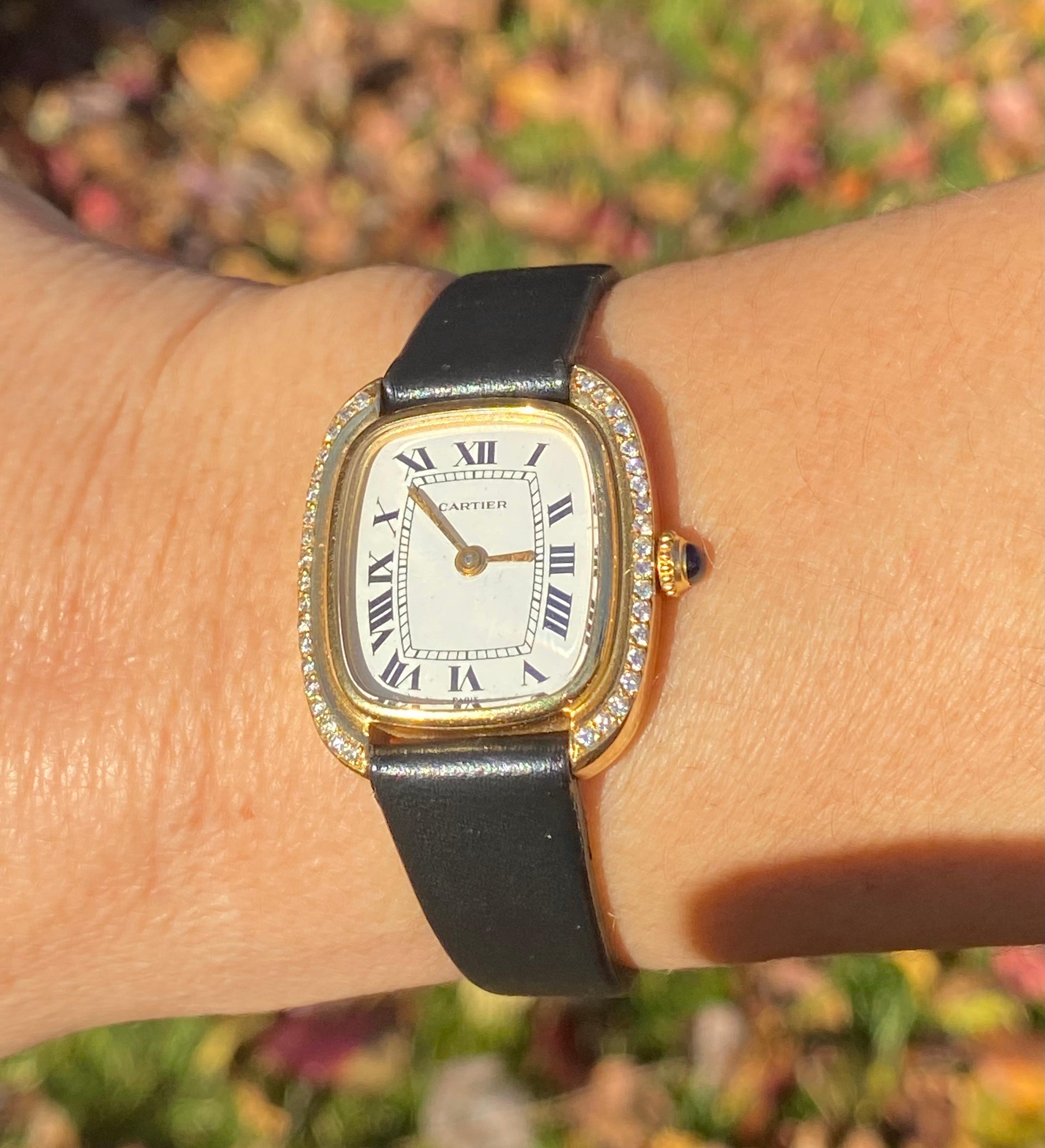 Ladies Vintage Cartier Gondole Watch with Diamond Bezel in Leather Strap For Sale 1