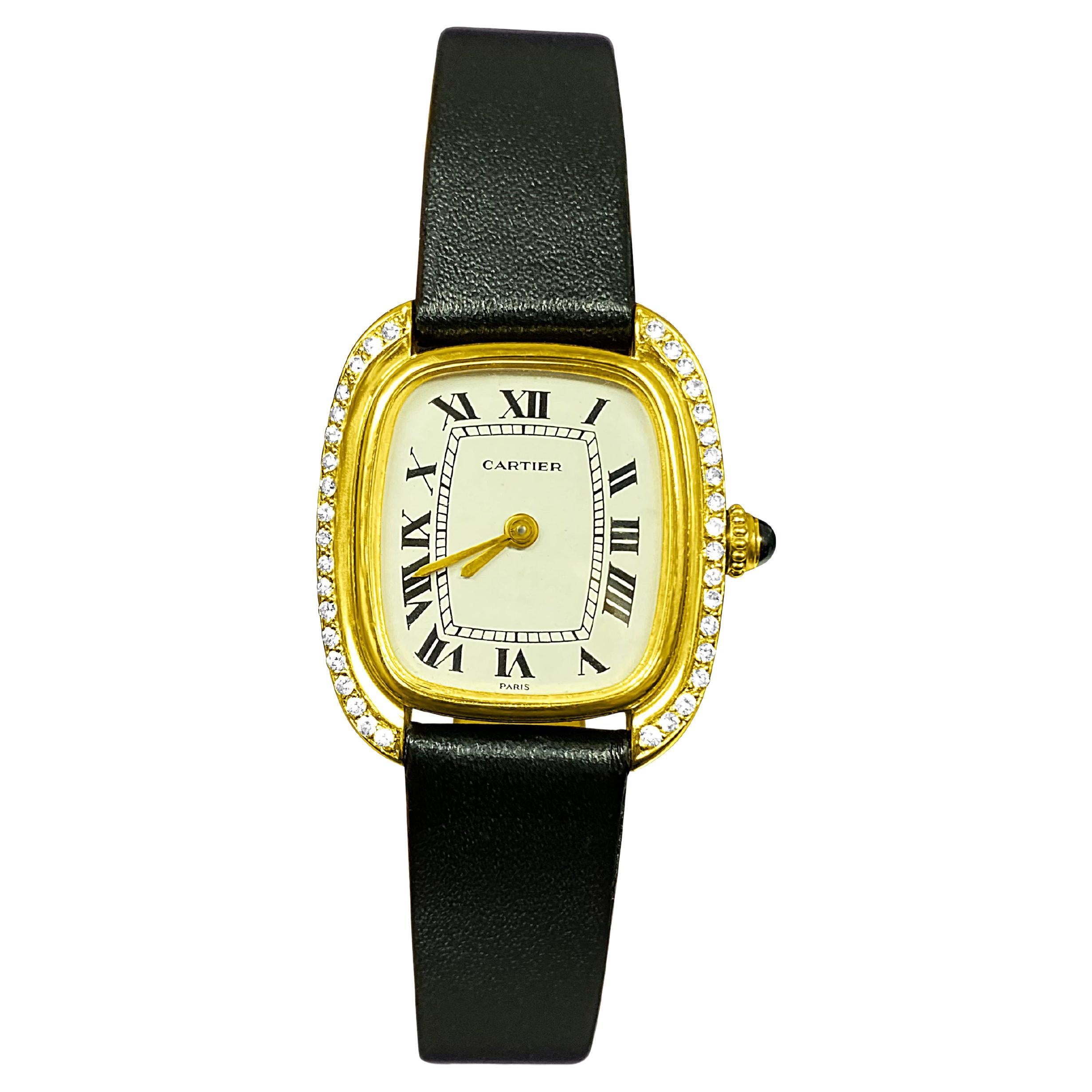 Ladies Vintage Cartier Gondole Watch with Diamond Bezel in Leather Strap For Sale