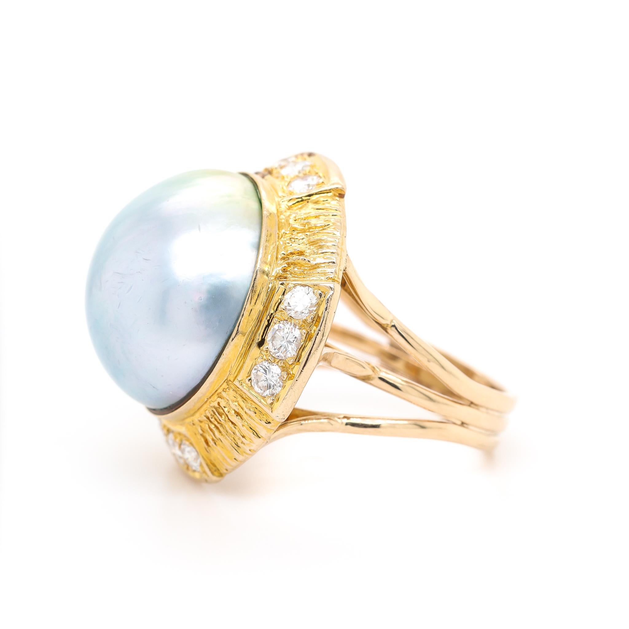 Ladies Vintage Cocktail Pearl And Diamonds 18K Yellow Gold Ring For Sale 1