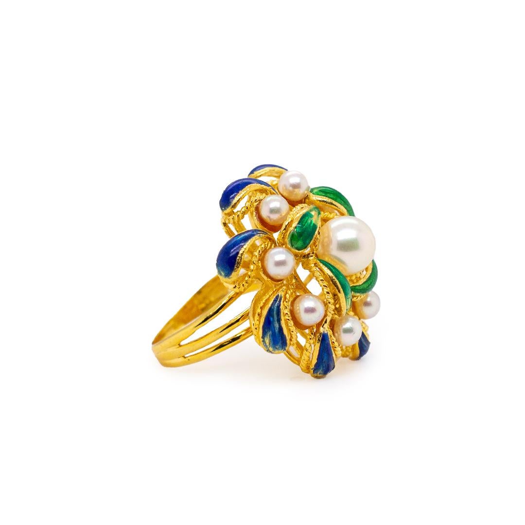 Damen Vintage Cocktail Perlen Emaille 18K Gelbgold Ring (Rundschliff)