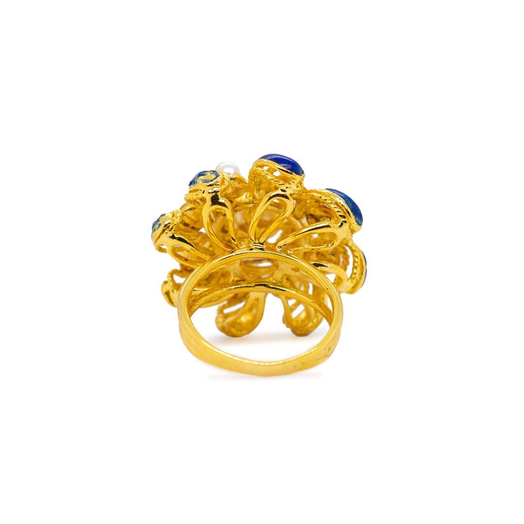 Damen Vintage Cocktail Perlen Emaille 18K Gelbgold Ring im Zustand „Hervorragend“ in Houston, TX